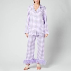 SLEEPER Lavender Pajama Set Ostrich Feather Pant Button Up Shirt. Small, New